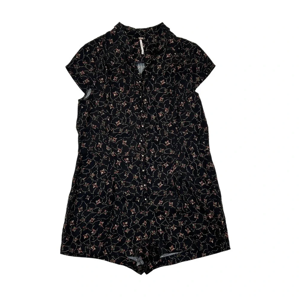 Free People Black Floral Printed Button Front Debby Dot Romper
